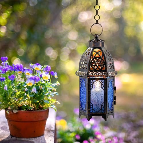 DECORKEY Vintage Candle Lantern, 12.8’’ Moroccan Style Decorative Metal Hanging&Tabletop Lantern, Ramadan Christmas Candle Holder Decorations for Home Outdoor Patio (Blue) - Image 2
