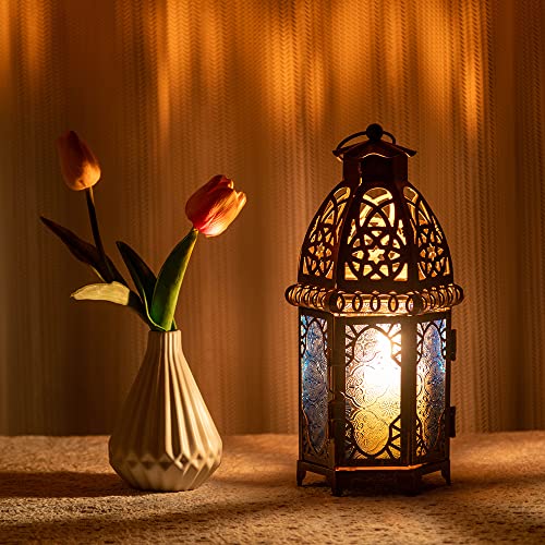 DECORKEY Vintage Candle Lantern, 12.8’’ Moroccan Style Decorative Metal Hanging&Tabletop Lantern, Ramadan Christmas Candle Holder Decorations for Home Outdoor Patio (Blue) - Image 5