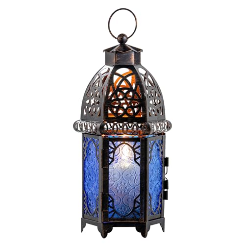 DECORKEY Vintage Candle Lantern, 12.8’’ Moroccan Style Decorative Metal Hanging&Tabletop Lantern, Ramadan Christmas Candle Holder Decorations for Home Outdoor Patio (Blue) - Image 1