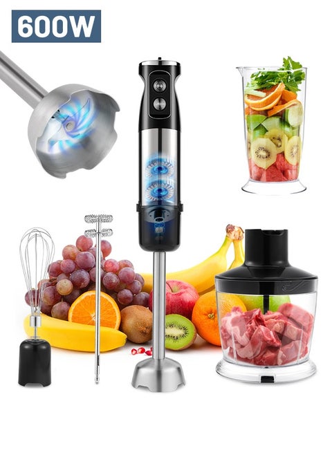 Hand Blender Immersion Blender Handheld 600W Motor Electric Whisk 304 Stainless Steel Whisk,Frother, Chopper Bowl, Measuring Beaker 12 Speed Stick Blender for Kitchen, Baby Food-EU Plug