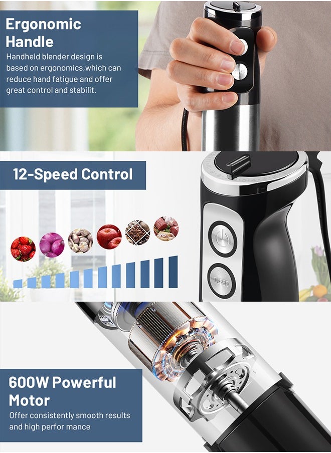 Hand Blender Immersion Blender Handheld 600W Motor Electric Whisk 304 Stainless Steel Whisk,Frother, Chopper Bowl, Measuring Beaker 12 Speed Stick Blender for Kitchen, Baby Food-EU Plug