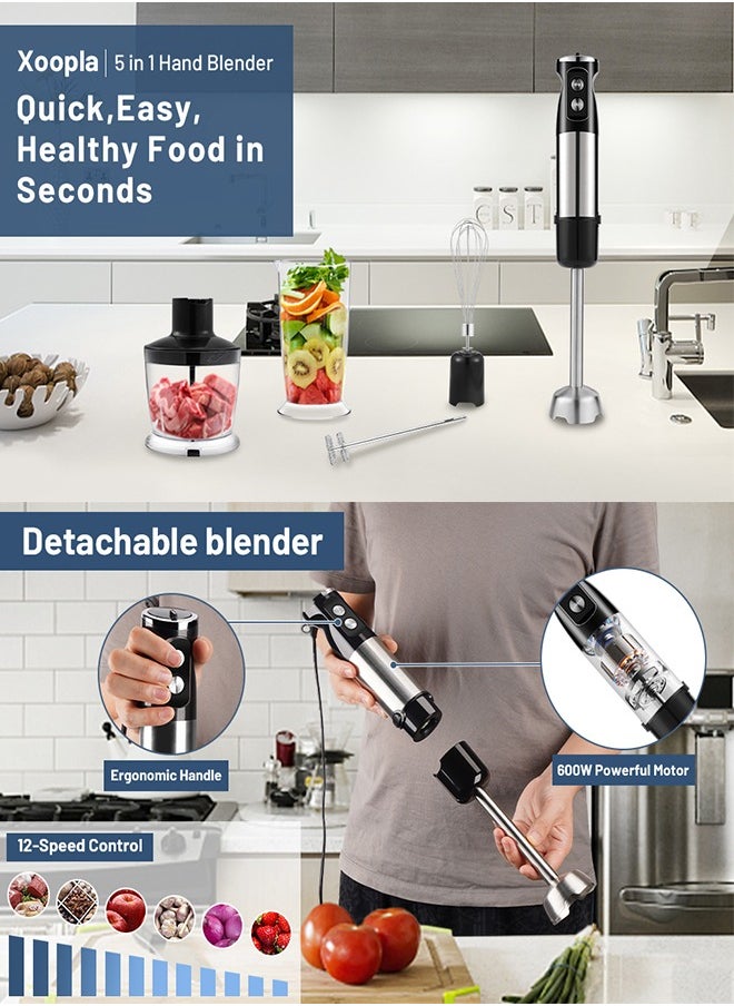 Hand Blender Immersion Blender Handheld 600W Motor Electric Whisk 304 Stainless Steel Whisk,Frother, Chopper Bowl, Measuring Beaker 12 Speed Stick Blender for Kitchen, Baby Food-EU Plug