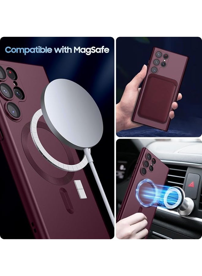 جراب غير لامع متوافق مع جراب Samsung Galaxy S22 Ultra، متوافق مع MagSafe، غطاء مغناطيسي رفيع مع واقي مدمج لعدسة الكاميرا، جراب هاتف مقاوم للصدمات (أحمر نبيذي) - Image 5