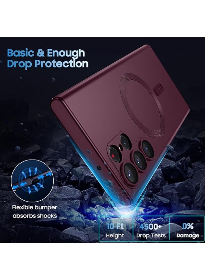 جراب غير لامع متوافق مع جراب Samsung Galaxy S22 Ultra، متوافق مع MagSafe، غطاء مغناطيسي رفيع مع واقي مدمج لعدسة الكاميرا، جراب هاتف مقاوم للصدمات (أحمر نبيذي) - Image 4