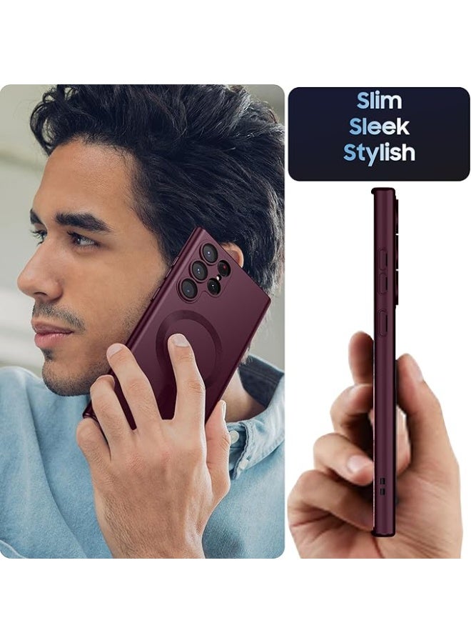 جراب غير لامع متوافق مع جراب Samsung Galaxy S22 Ultra، متوافق مع MagSafe، غطاء مغناطيسي رفيع مع واقي مدمج لعدسة الكاميرا، جراب هاتف مقاوم للصدمات (أحمر نبيذي) - Image 3