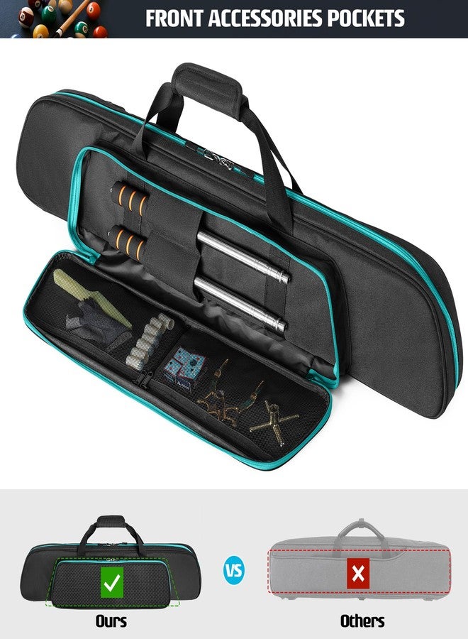 GOBUROS 2x2 Pool Cue Case Holds 2 Butts and 2 Shafts, Soft Pool Stick Holder Case with Front Accessories Pocket, Billiard Cue Carrying Cases with Shoulder Strap for Easy Carry, Black and Green - Image 2