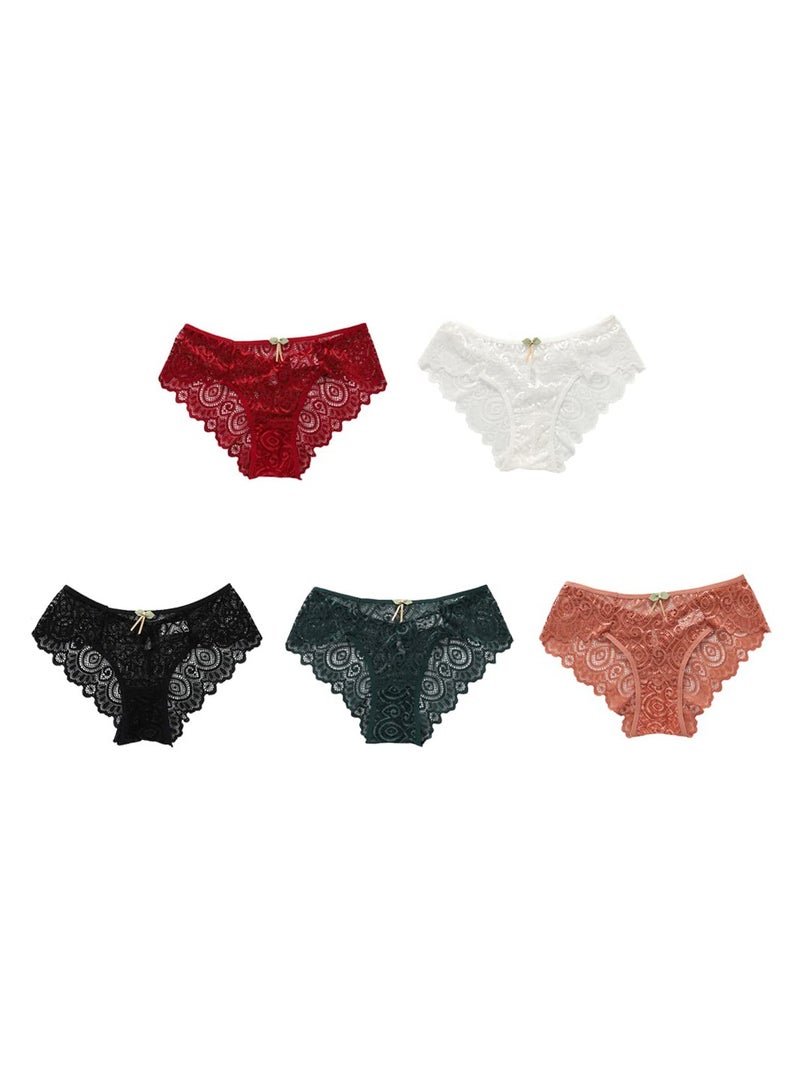 SYOSI سروال نسائي أنيق من الدانتيل - 5 قطع، بيكيني منخفض الارتفاع، ملابس داخلية سلسة مع قماش قطني، مثالي للاستخدام اليومي والمناسبات الخاصة (مقاس L، 2 أسود + أبيض + أحمر + معجون الفاصوليا) - Image 1
