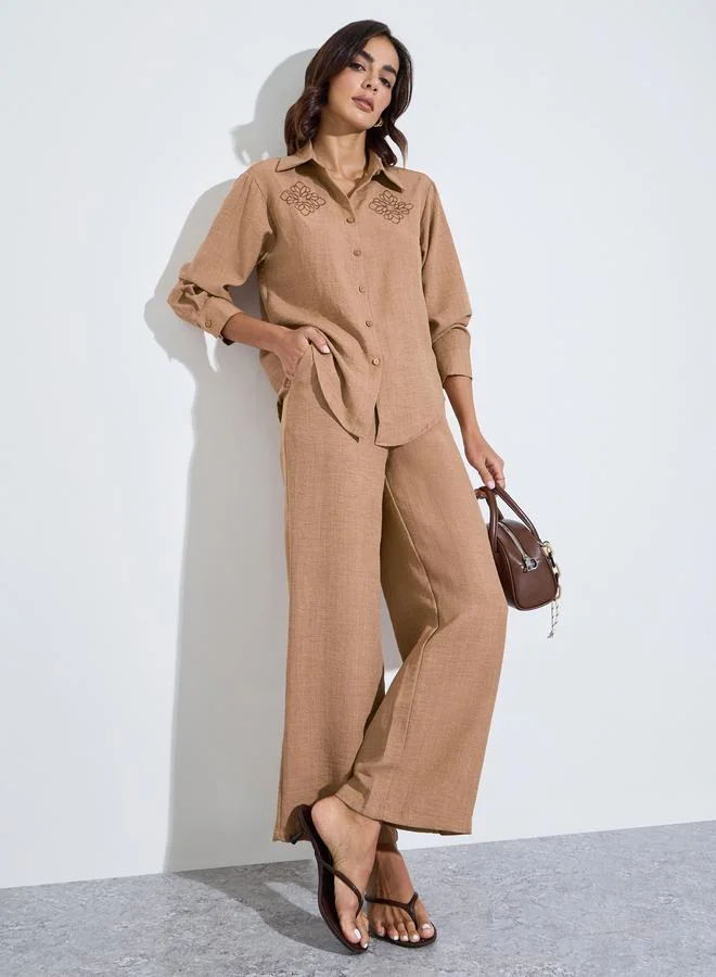 Amirah Over size shirt with emb patch and wide leg pants modest set