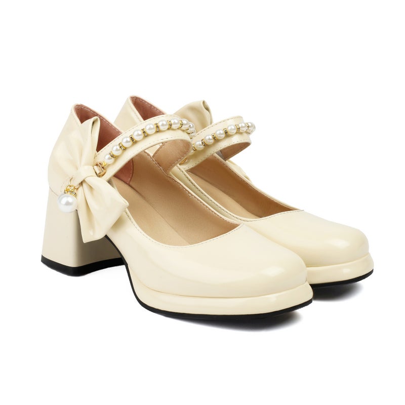 Spring 2024 Thick Heel Bow 32-43 Plus Size Pearl Square Head Shallow Mouth Single Shoes - Image 1