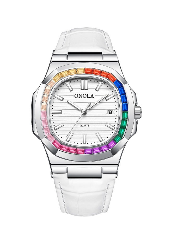 ONOLA ​​ONOLA Men's Quartz Watch - Silver-Tone Case with Rainbow Stone Accents, Water-Resistant Leather Strap, 30M Water Resistance, Casual Luxury Style, Ideal for Daily Wear, Business Casual & Social Occasions​​ - Image 1