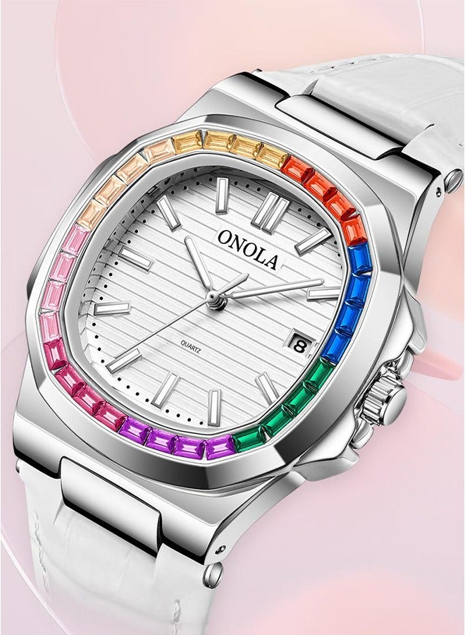 ONOLA ​​ONOLA Men's Quartz Watch - Silver-Tone Case with Rainbow Stone Accents, Water-Resistant Leather Strap, 30M Water Resistance, Casual Luxury Style, Ideal for Daily Wear, Business Casual & Social Occasions​​ - Image 2
