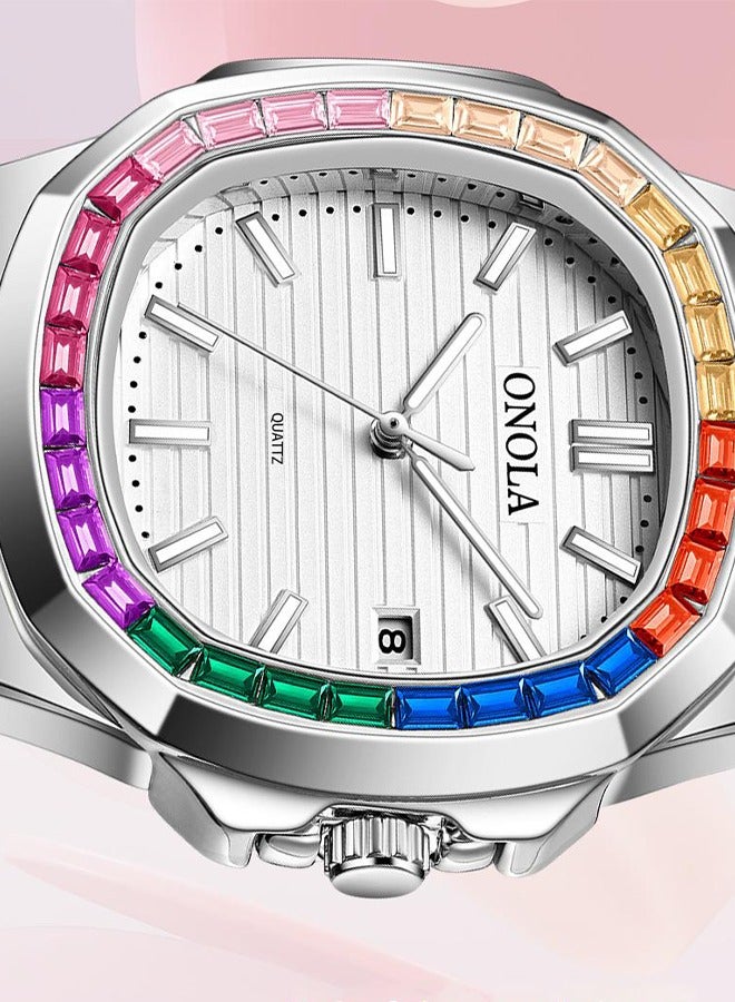 ONOLA ​​ONOLA Men's Quartz Watch - Silver-Tone Case with Rainbow Stone Accents, Water-Resistant Leather Strap, 30M Water Resistance, Casual Luxury Style, Ideal for Daily Wear, Business Casual & Social Occasions​​ - Image 3