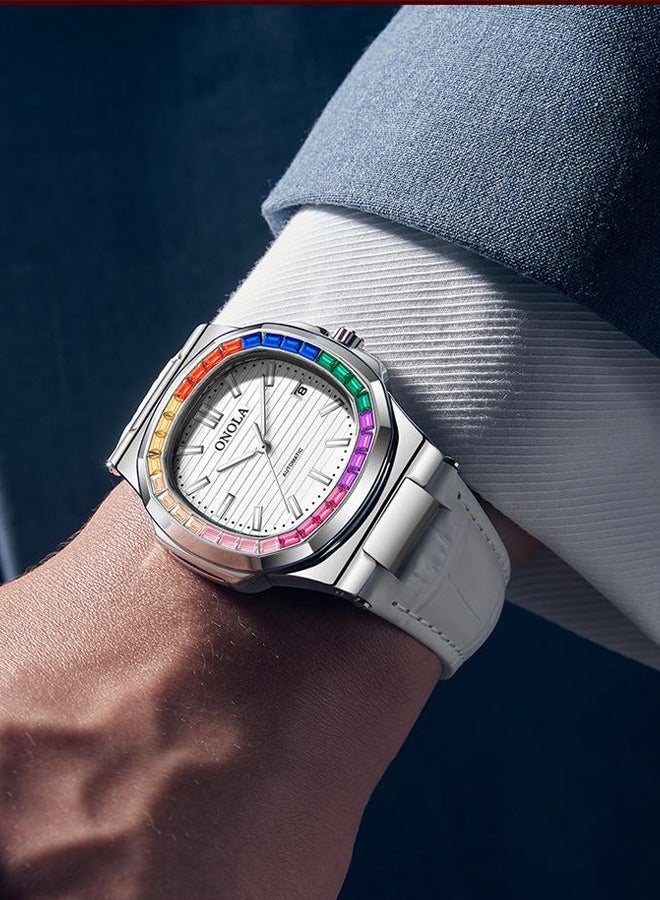 ONOLA ​​ONOLA Men's Quartz Watch - Silver-Tone Case with Rainbow Stone Accents, Water-Resistant Leather Strap, 30M Water Resistance, Casual Luxury Style, Ideal for Daily Wear, Business Casual & Social Occasions​​ - Image 4