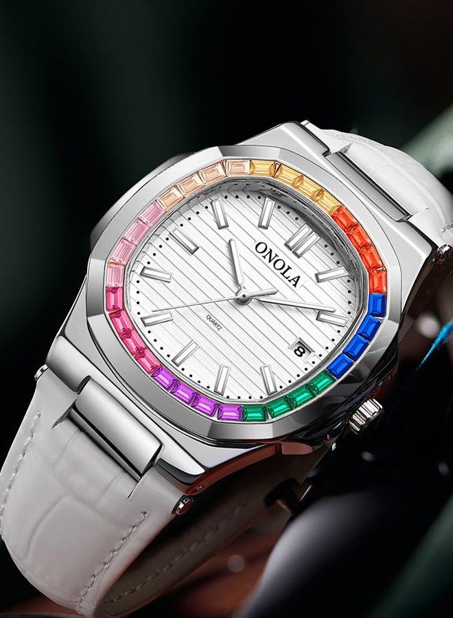 ONOLA ​​ONOLA Men's Quartz Watch - Silver-Tone Case with Rainbow Stone Accents, Water-Resistant Leather Strap, 30M Water Resistance, Casual Luxury Style, Ideal for Daily Wear, Business Casual & Social Occasions​​ - Image 5