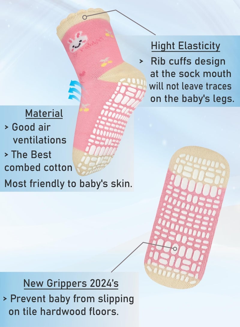 RATIVE Non Skid Anti Slip Cotton Dress Crew Socks With Grips For Baby Infant Toddler Kids Girls (3-5T, 12-pairs/RG-821727) - Image 3