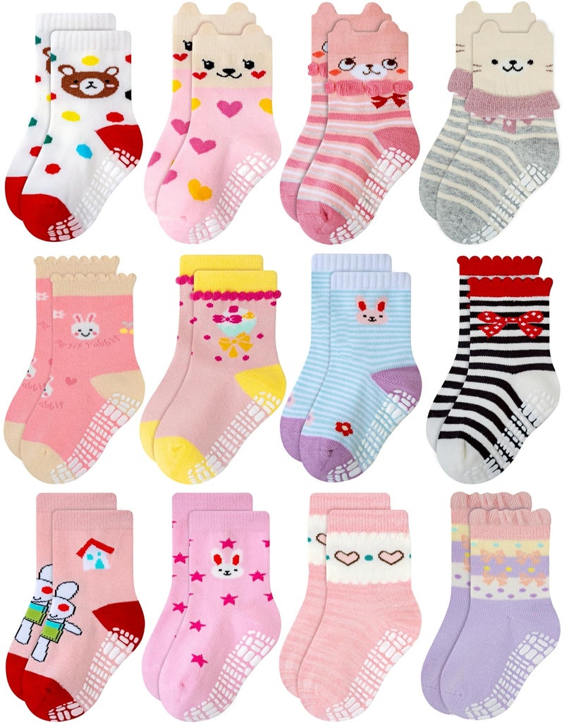 RATIVE Non Skid Anti Slip Cotton Dress Crew Socks With Grips For Baby Infant Toddler Kids Girls (3-5T, 12-pairs/RG-821727) - Image 1