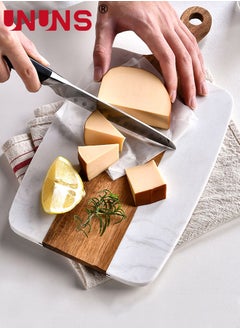 UNUNS Cutting Board With Handle,Wooden Chopping Board With Marble And Natural Wood,Serving Board For Steak Fruits Bread,White  - Image 1