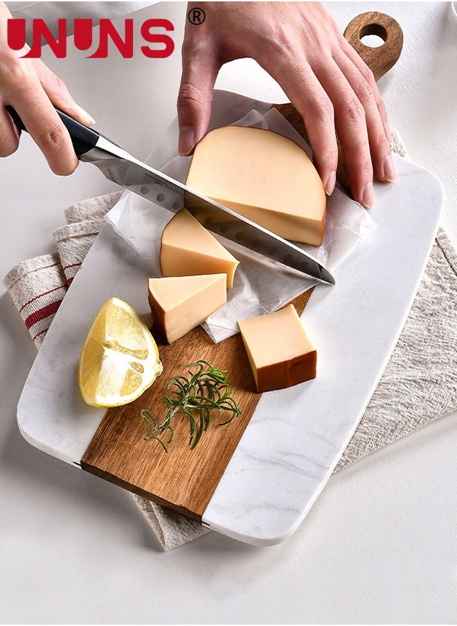 UNUNS Cutting Board With Handle,Wooden Chopping Board With Marble And Natural Wood,Serving Board For Steak Fruits Bread,White  - Image 1