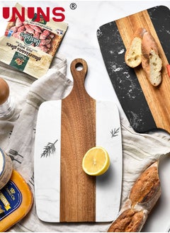 UNUNS Cutting Board With Handle,Wooden Chopping Board With Marble And Natural Wood,Serving Board For Steak Fruits Bread,White  - Image 2