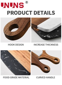 UNUNS Cutting Board With Handle,Wooden Chopping Board With Marble And Natural Wood,Serving Board For Steak Fruits Bread,White  - Image 3