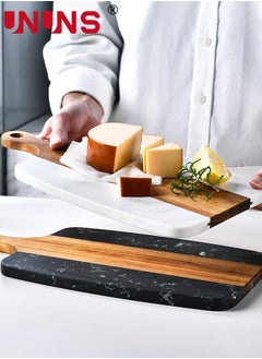 UNUNS Cutting Board With Handle,Wooden Chopping Board With Marble And Natural Wood,Serving Board For Steak Fruits Bread,White  - Image 4