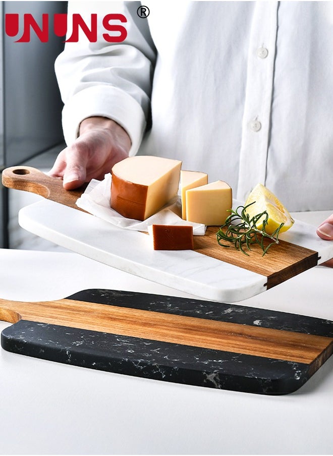 UNUNS Cutting Board With Handle,Wooden Chopping Board With Marble And Natural Wood,Serving Board For Steak Fruits Bread,White  - Image 4