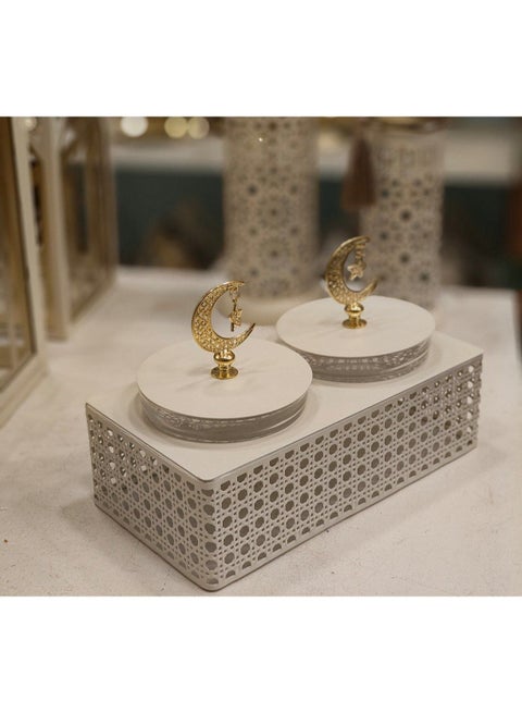 Ramadan date or sugar treats, 2 glass bowls with metal lids