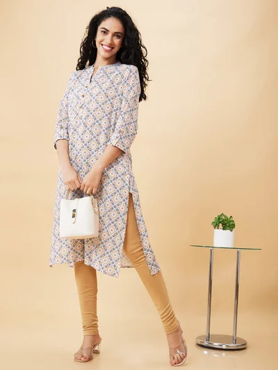 globus Globus Women Off White Ethnic Motifs Printed Mandarin Collar Pure Cotton Kurta