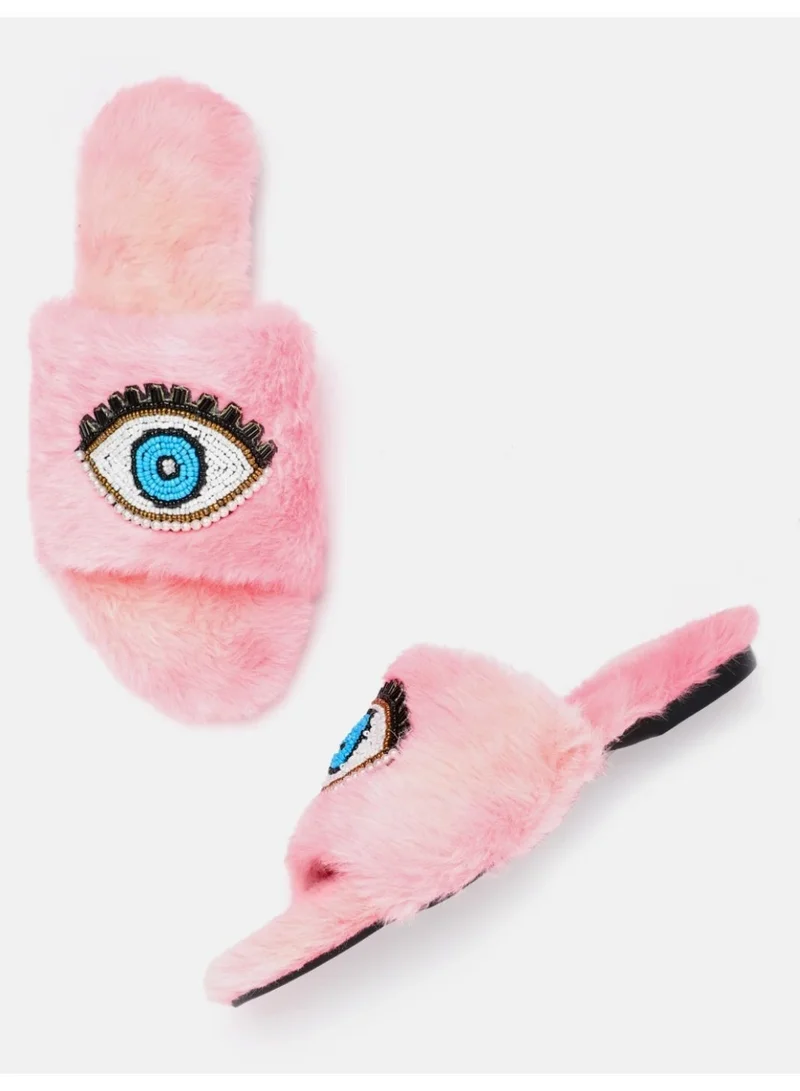 Buttereye Chic Indoor Slipper Slides Soft Vegan Fur & Lightweight Cushioned Sole Hand-Beaded Design