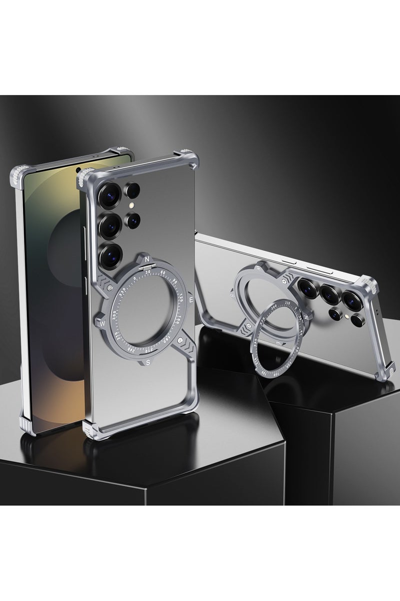 S-shaped Samsung S25 Ultra protective case, metal magnetic stand case, 360° rotating shockproof protective cover, lightweight and portable.