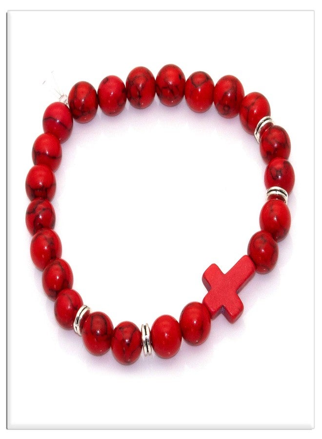 Xusamss Fashion 8MM Matte Agate Beads Bracelet Cross Elastic Bracelet(Red Turquoise) - Image 4