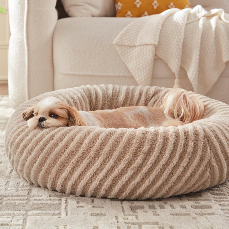 MIXJOY Dog Beds for Small Dogs Cats, Washable Small Dog Bed with Removable Cover, Donut Cat Bed for Indoor Cats, Calming Fluffy Round Pet Beds with Anti Slip Bottom, Cute Puppy Beds, 23"x23"x8", Beige - Image 1