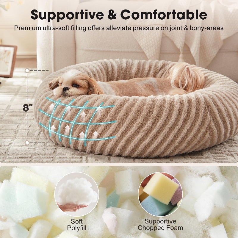 MIXJOY Dog Beds for Small Dogs Cats, Washable Small Dog Bed with Removable Cover, Donut Cat Bed for Indoor Cats, Calming Fluffy Round Pet Beds with Anti Slip Bottom, Cute Puppy Beds, 23"x23"x8", Beige - Image 2
