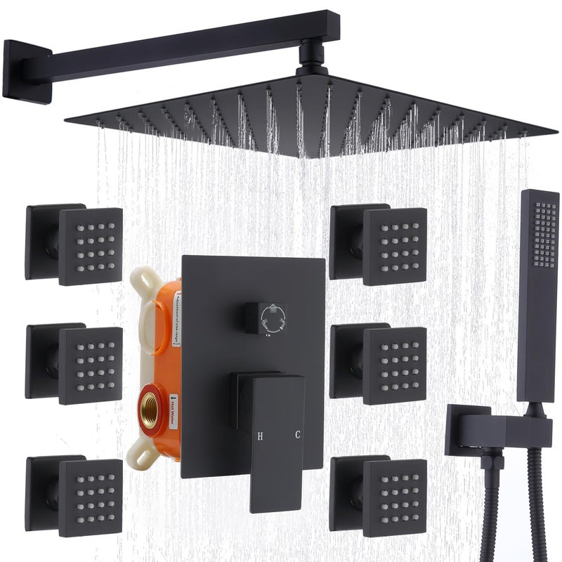Enga Shower System with Body Jets 12 Inch Wall Mount Rainfall Shower System and Handheld Body Spray Shower Faucets sets Combo with Roughin Valve Matte Black