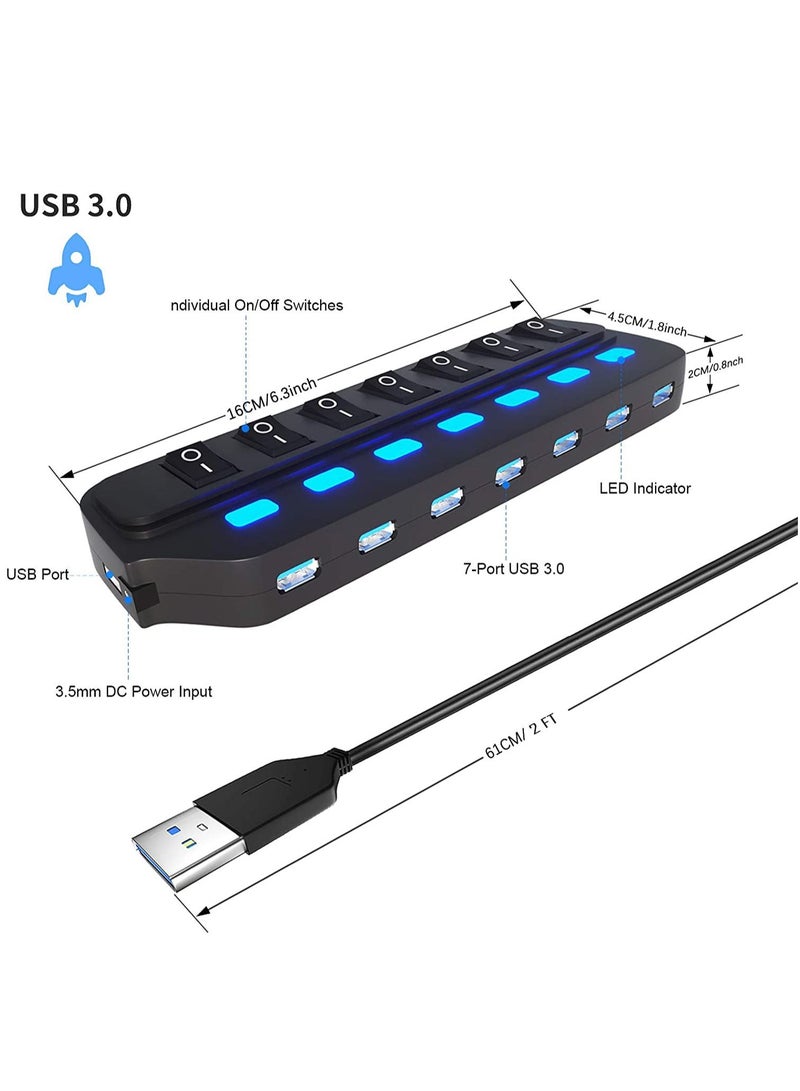 SYOSI USB Hub 3.0 Splitter, 7 Port USB Data Hub with Individual On/Off Switches and Lights for Laptop, PC, Computer, Mobile HDD, Flash Drive, PD Charging for Macbook and Other Type C Laptops - Image 2