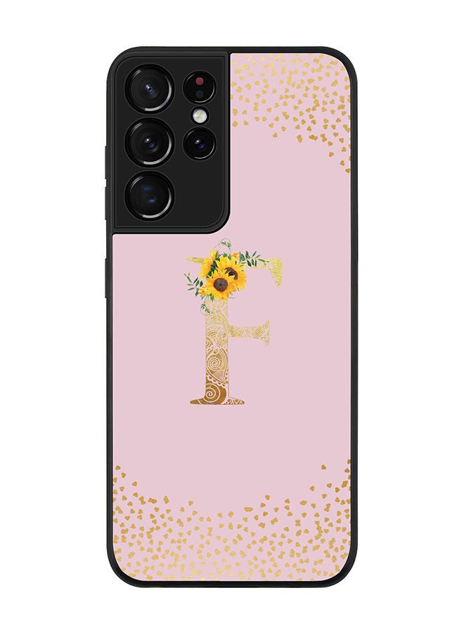 Stylizedd Rugged Black edge case for Samsung Galaxy S21 Ultra 5G Slim fit Soft Case Flexible Rubber Edges Anti Drop TPU Gel Thin Cover - Custom Monogram Initial Letter Floral Pattern Alphabet - F (Pink ) - Image 1