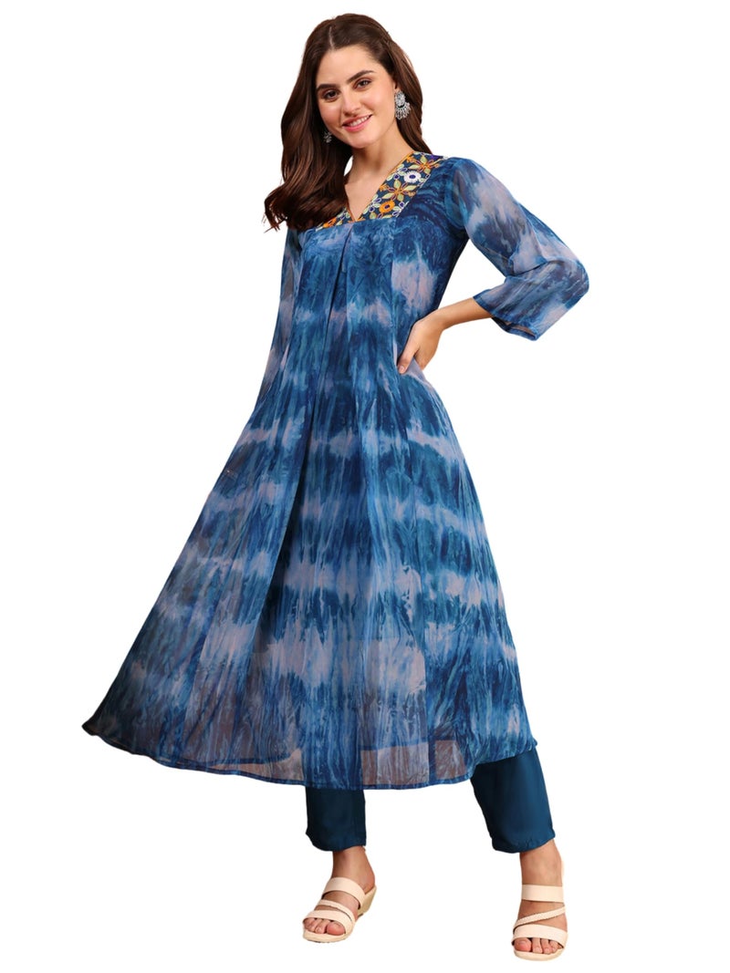 EthnicJunction Women's Blue Georgette A-line Embroidered Anarkali Kurta | Summer, Office, Casual Wear | Size 2XL, Color Blue - Image 1