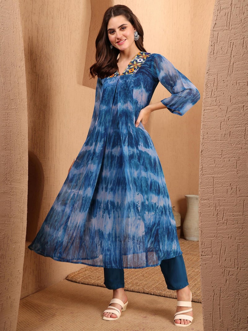 EthnicJunction Women's Blue Georgette A-line Embroidered Anarkali Kurta | Summer, Office, Casual Wear | Size 2XL, Color Blue - Image 3