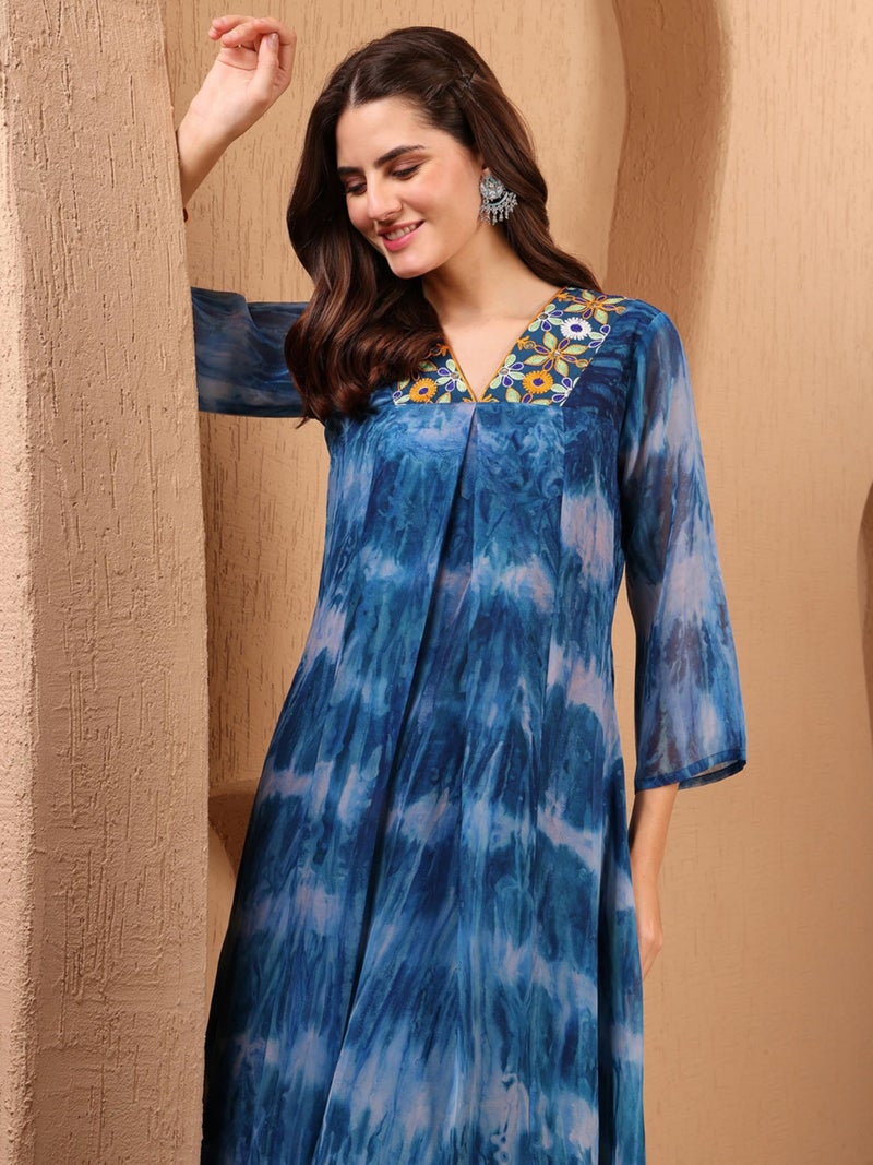 EthnicJunction Women's Blue Georgette A-line Embroidered Anarkali Kurta | Summer, Office, Casual Wear | Size 2XL, Color Blue - Image 2
