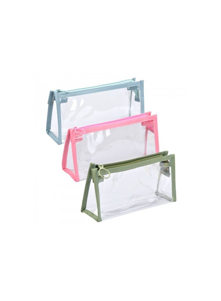 Generic 3 Pcs Clear PVC Pencil Case Set, Waterproof Zipper Pouches in Pink Green Blue, Transparent Morandi Stationery Bag, Multipurpose Cosmetic and Storage Organizer, 22x10x11cm - Image 1