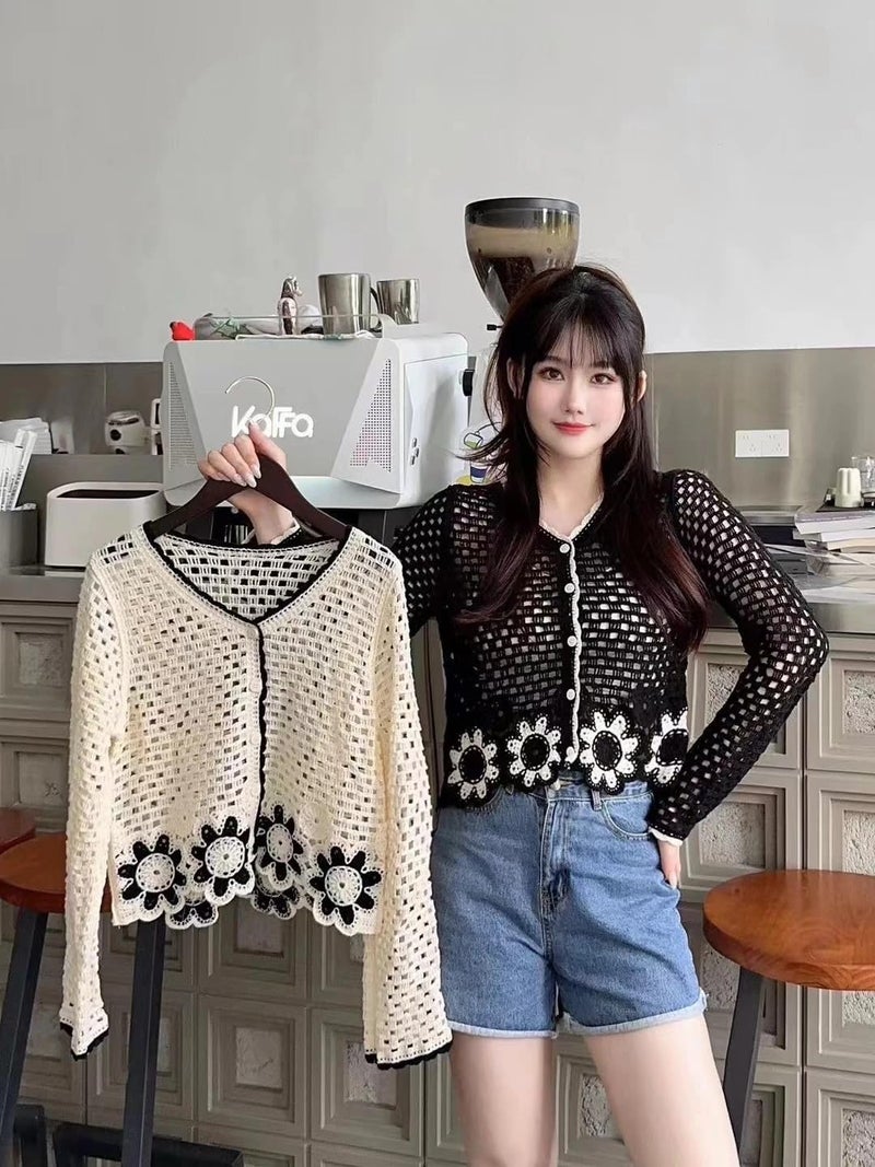 ICW Women's Boho V-Neck Long Sleeve Crochet Hollow Out Botton-up Floral Crop Top Shirt DN101 - Image 4