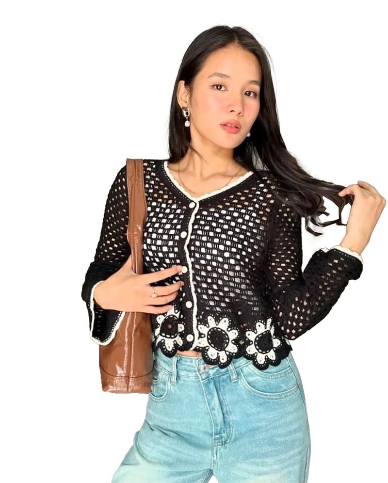 ICW Women's Boho V-Neck Long Sleeve Crochet Hollow Out Botton-up Floral Crop Top Shirt DN101 - Image 1