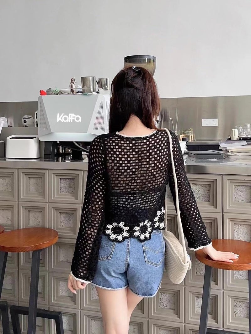 ICW Women's Boho V-Neck Long Sleeve Crochet Hollow Out Botton-up Floral Crop Top Shirt DN101 - Image 3