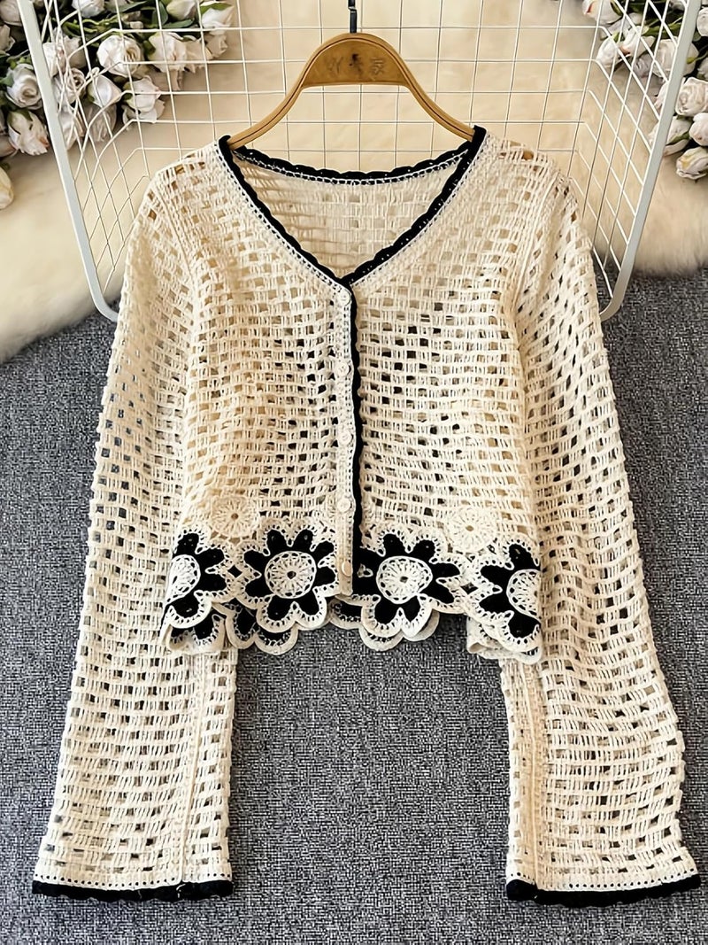 ICW Women's Boho V-Neck Long Sleeve Crochet Hollow Out Botton-up Floral Crop Top Shirt DN101 - Image 5