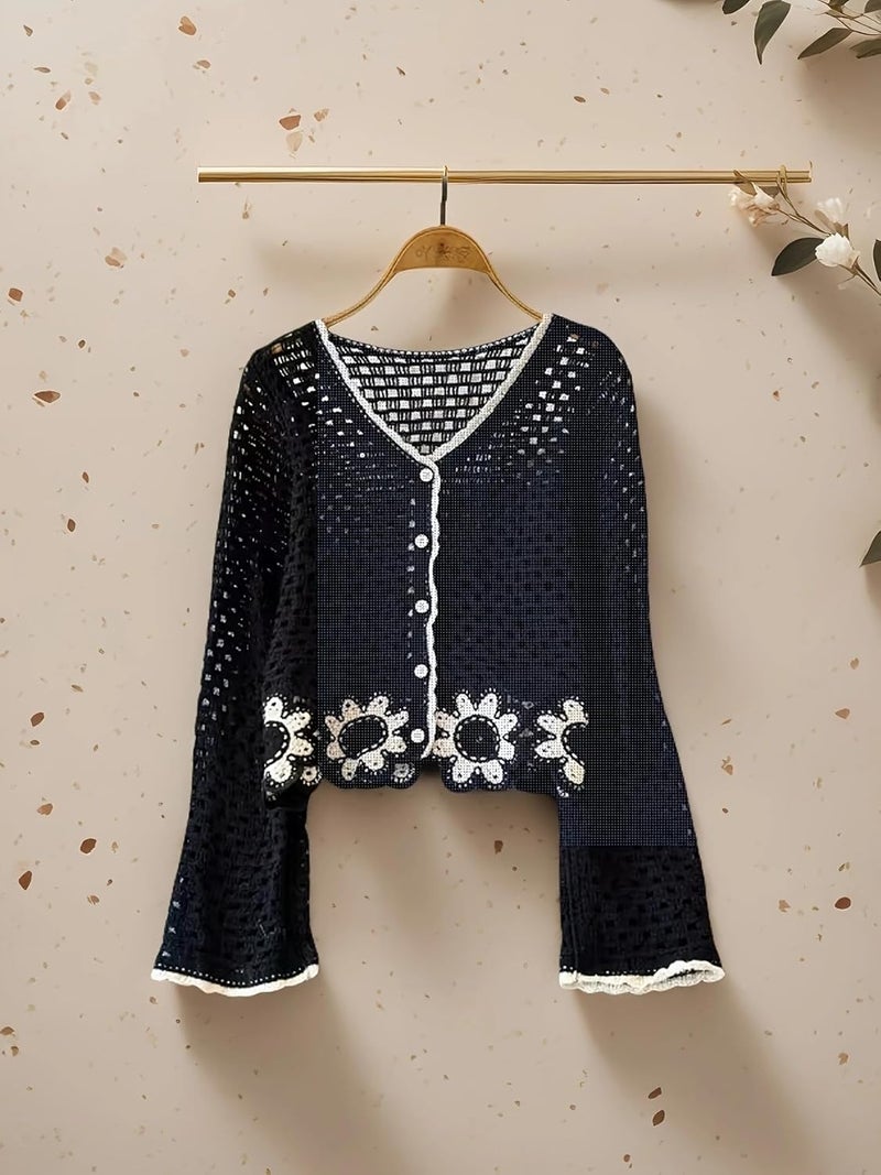 ICW Women's Boho V-Neck Long Sleeve Crochet Hollow Out Botton-up Floral Crop Top Shirt DN101 - Image 2