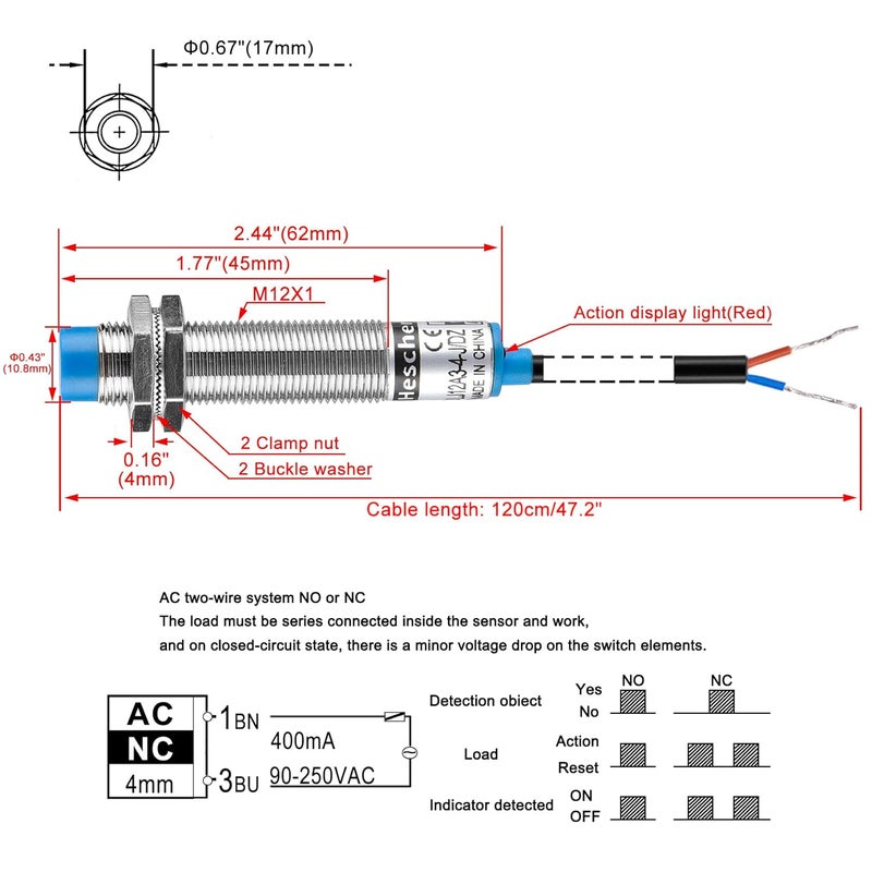 Heschen M12 Inductive Proximity Sensor Switch Non-Shield Type LJ12A3-4-J/DZ Detector 4mm 90-250VAC 400mA Normally Closed(NC) 2 Wire - Image 2