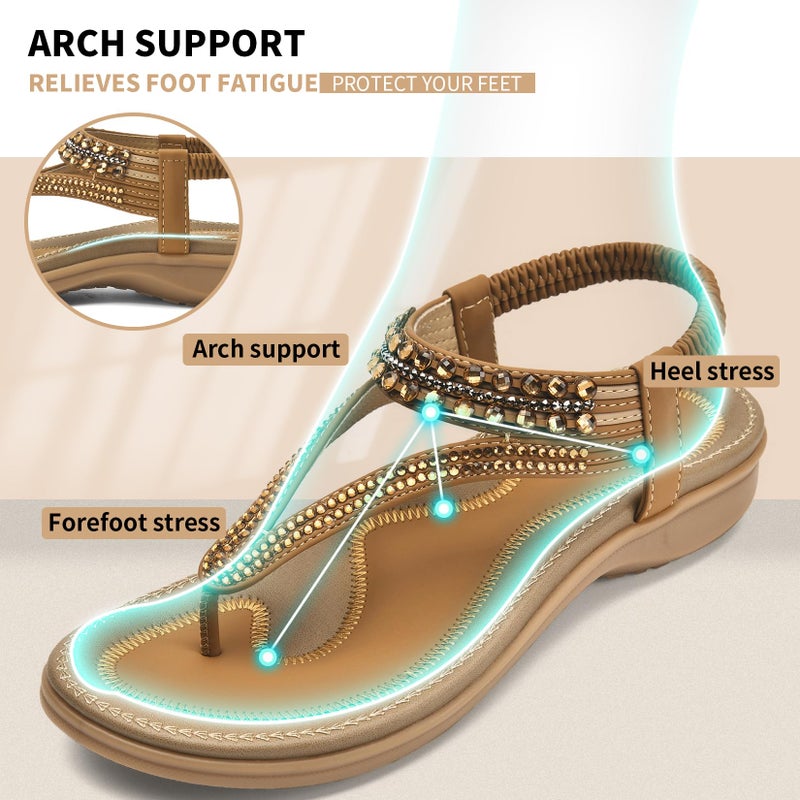 Littleplum Womens Sandals Arch Support Slingback Rhinestone Dressy Sandals Comfort Summer Shoes Ankle Strap Elastic Flats for Beach Walking Elegant Brown Size 8.5 - Image 3