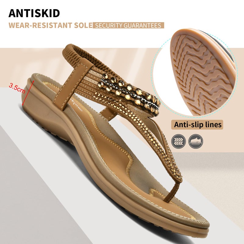 Littleplum Womens Sandals Arch Support Slingback Rhinestone Dressy Sandals Comfort Summer Shoes Ankle Strap Elastic Flats for Beach Walking Elegant Brown Size 8.5 - Image 5