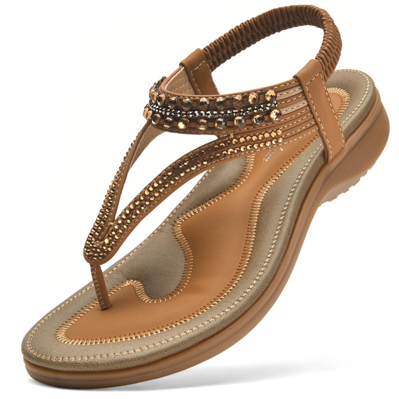 Littleplum Womens Sandals Arch Support Slingback Rhinestone Dressy Sandals Comfort Summer Shoes Ankle Strap Elastic Flats for Beach Walking Elegant Brown Size 8.5 - Image 1