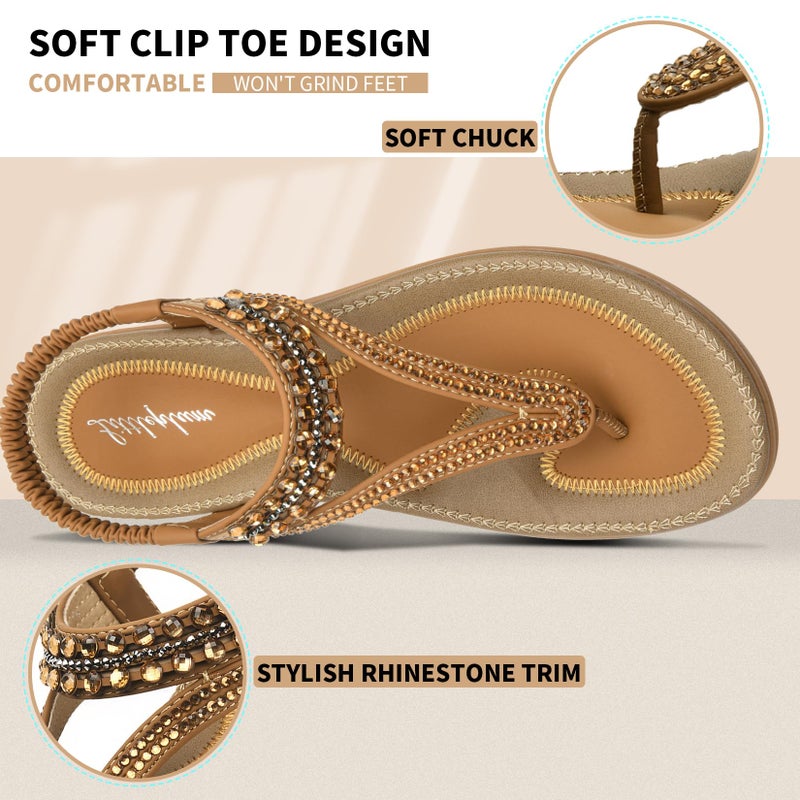 Littleplum Womens Sandals Arch Support Slingback Rhinestone Dressy Sandals Comfort Summer Shoes Ankle Strap Elastic Flats for Beach Walking Elegant Brown Size 8.5 - Image 4